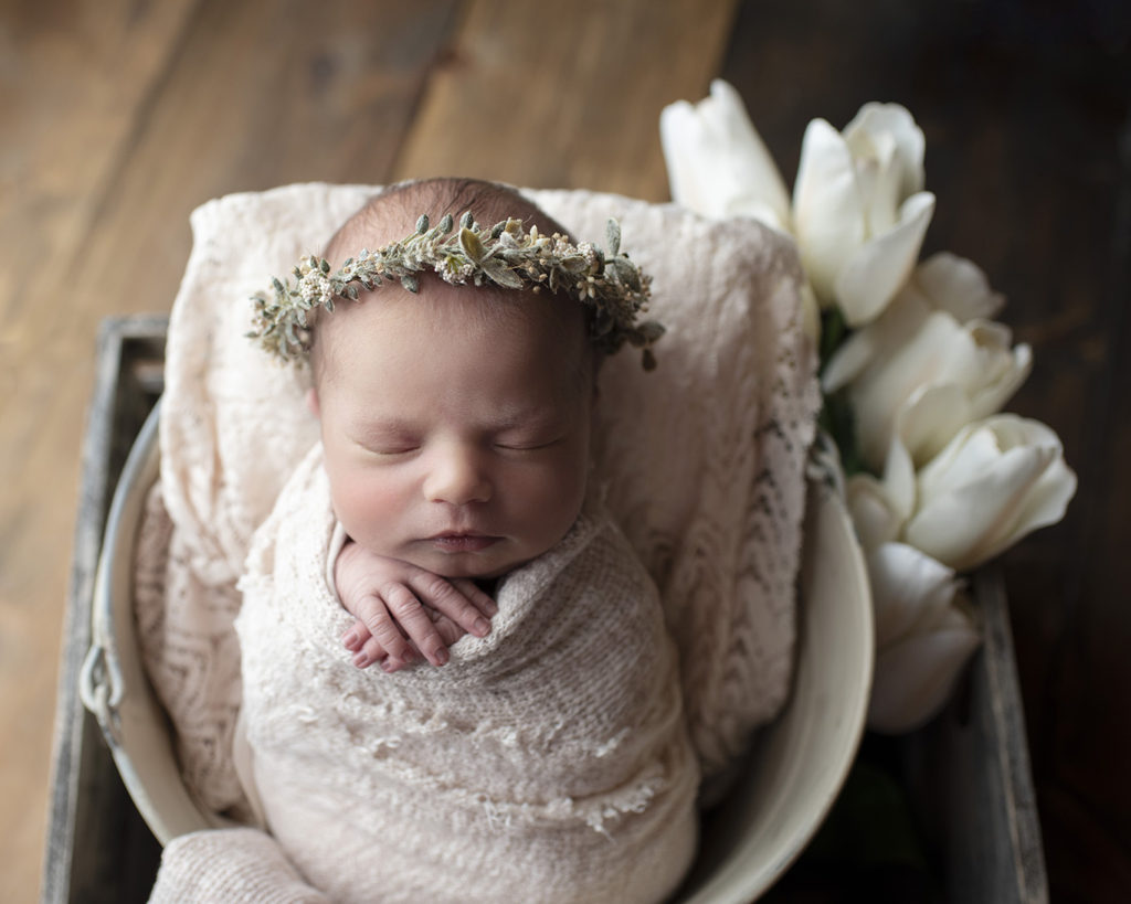 spring newborn baby girl floral crown neutrals